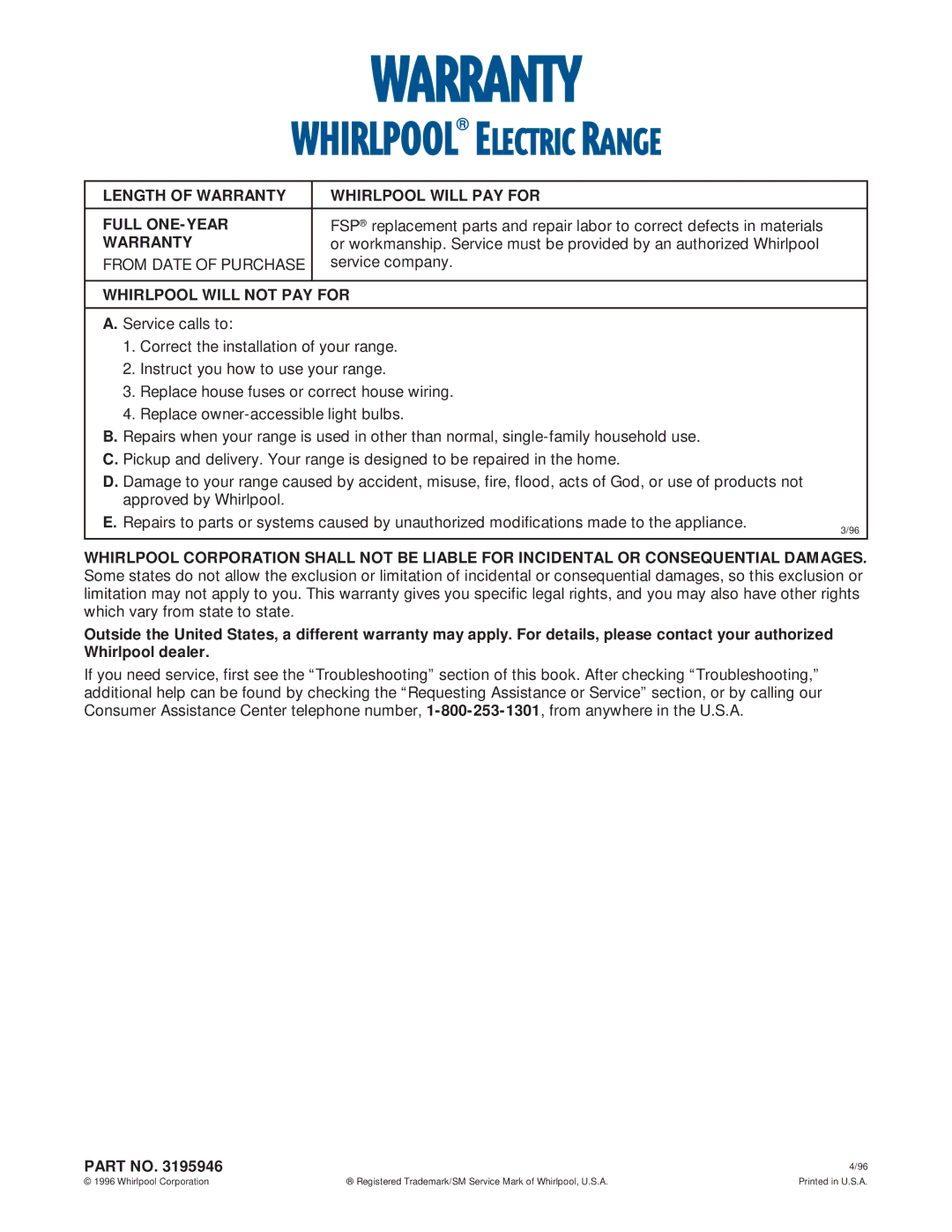 Whirlpool RF302BXE, RF3020XE warranty Length of Warranty Whirlpool will PAY for Full ONE-YEAR, Whirlpool will not PAY for 