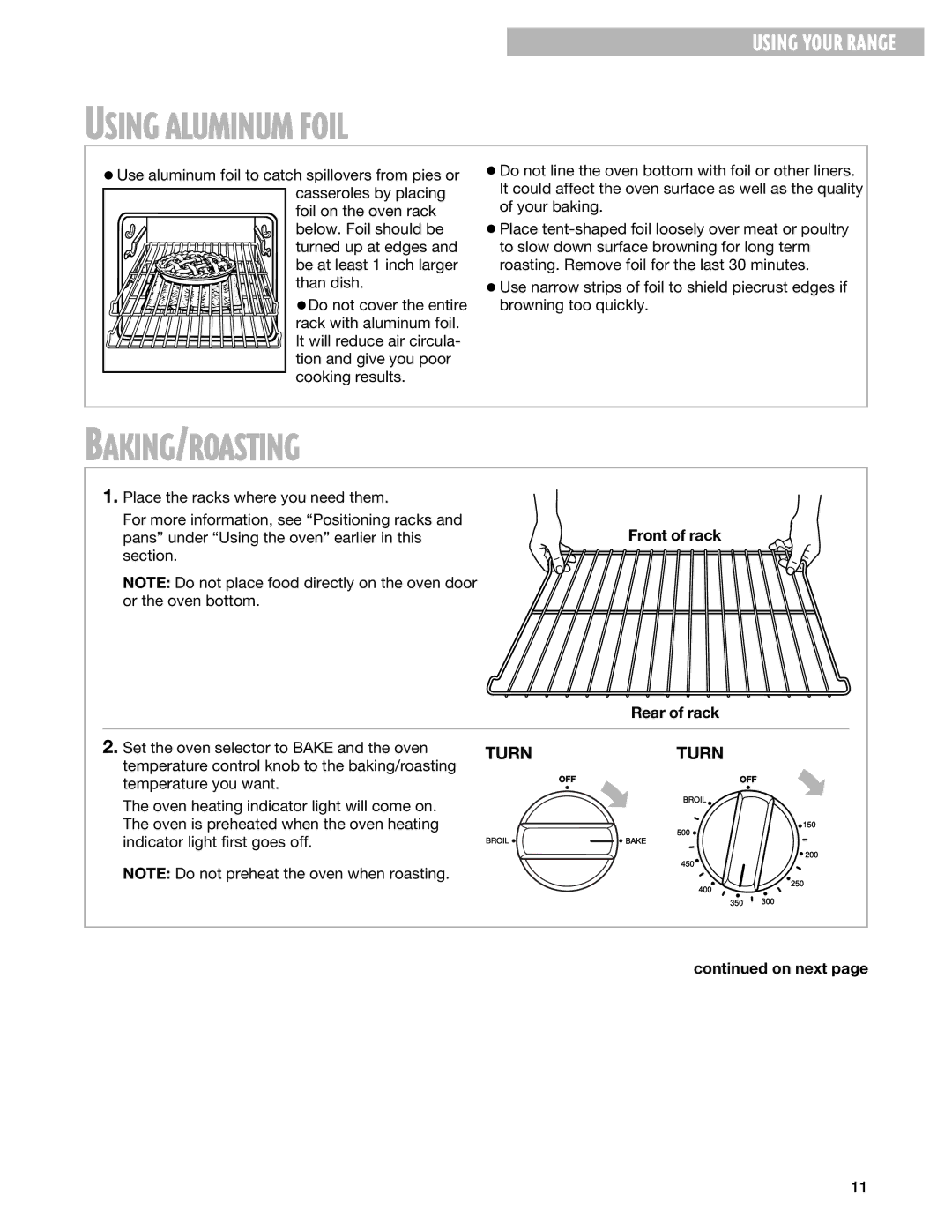 Whirlpool RF3020XG, RF302BXG warranty Using Aluminum Foil, Baking/Roasting, Rear of rack 