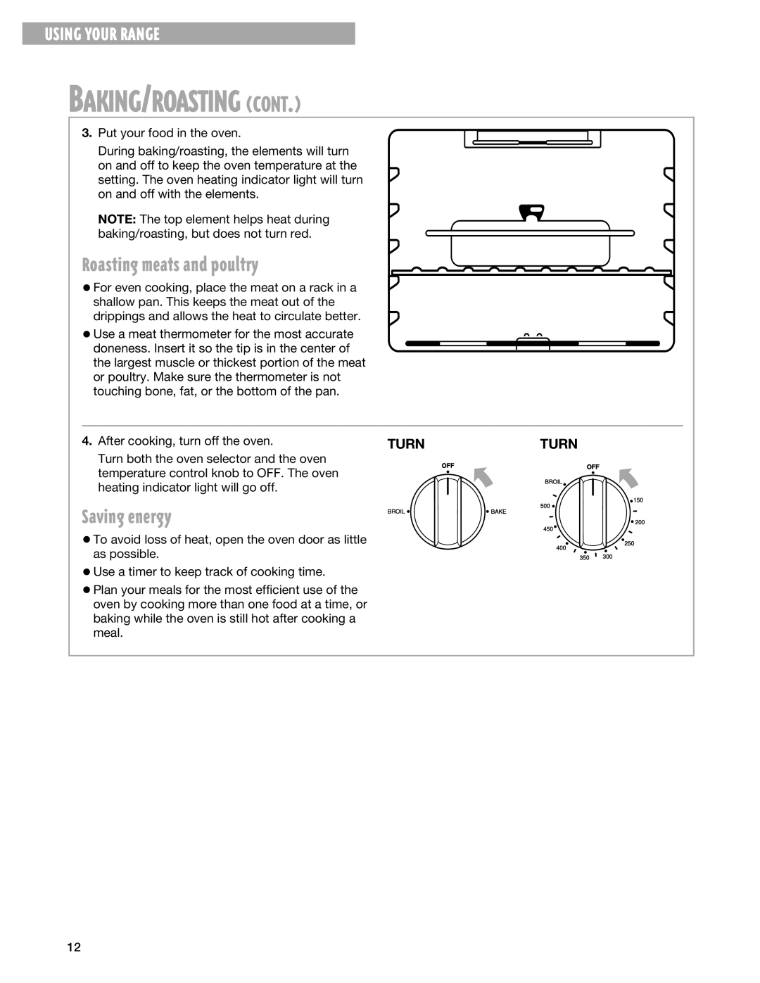 Whirlpool RF302BXG, RF3020XG warranty Roasting meats and poultry, Saving energy 