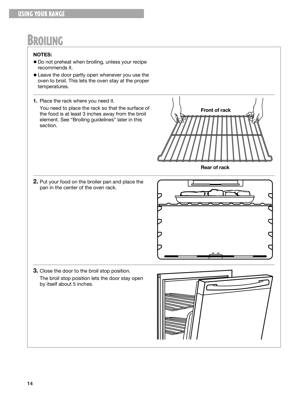 Whirlpool RF302BXG, RF3020XG warranty Broiling, Front of rack Rear of rack 