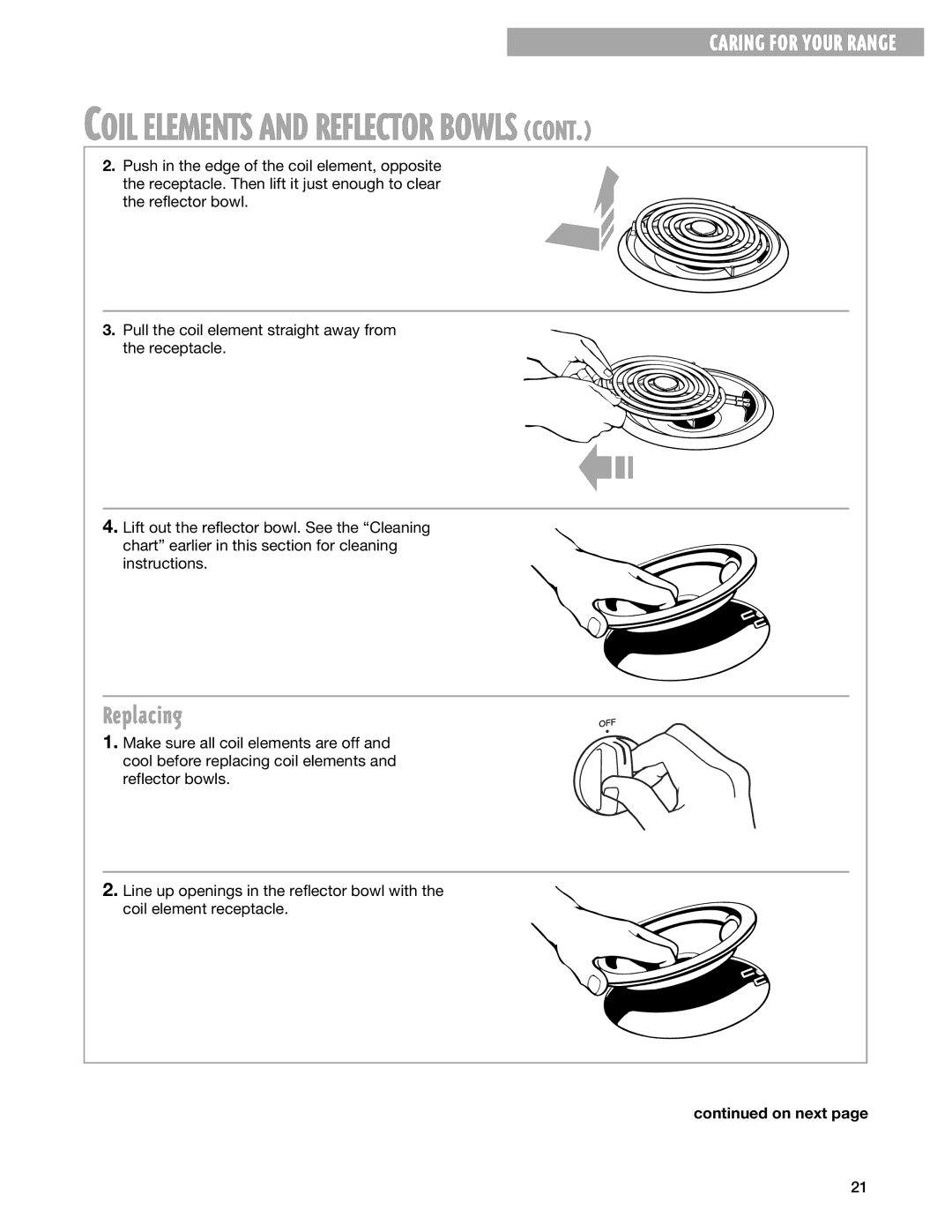 Whirlpool RF3020XG, RF302BXG warranty Coil Elements and Reflector Bowls, Replacing 