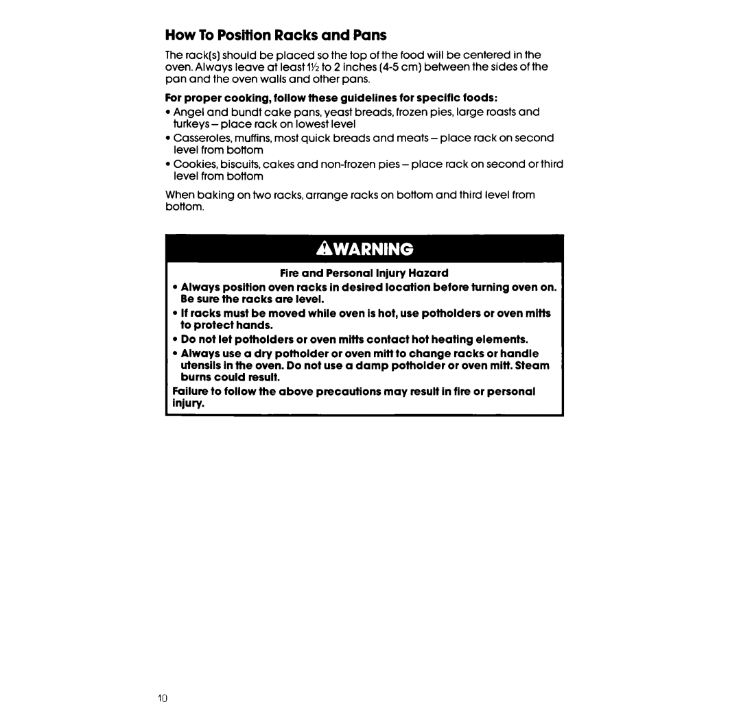 Whirlpool RF302BXV, RF 3020XV manual How To Position Racks and Pans 