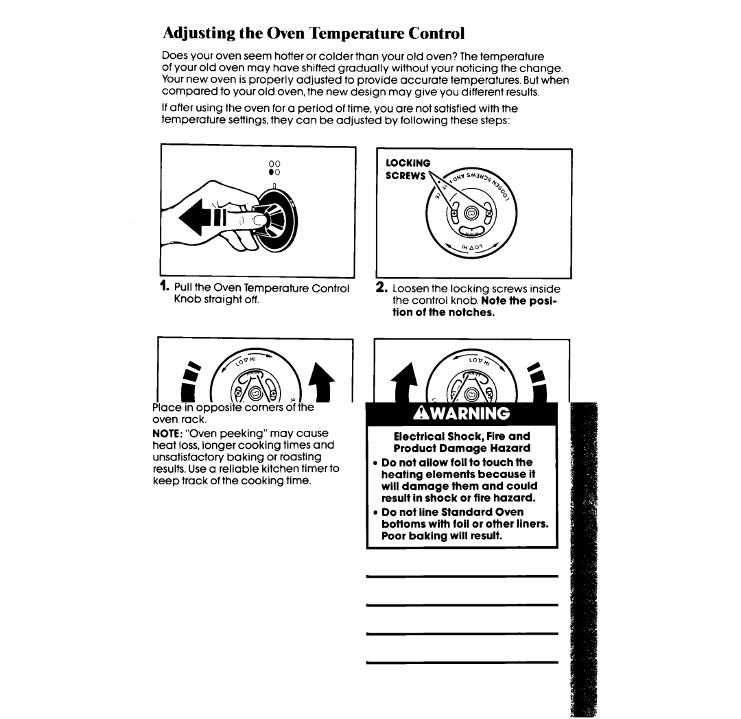 Whirlpool RF302BXV, RF 3020XV manual Adjusting the Oven Temperature Control 