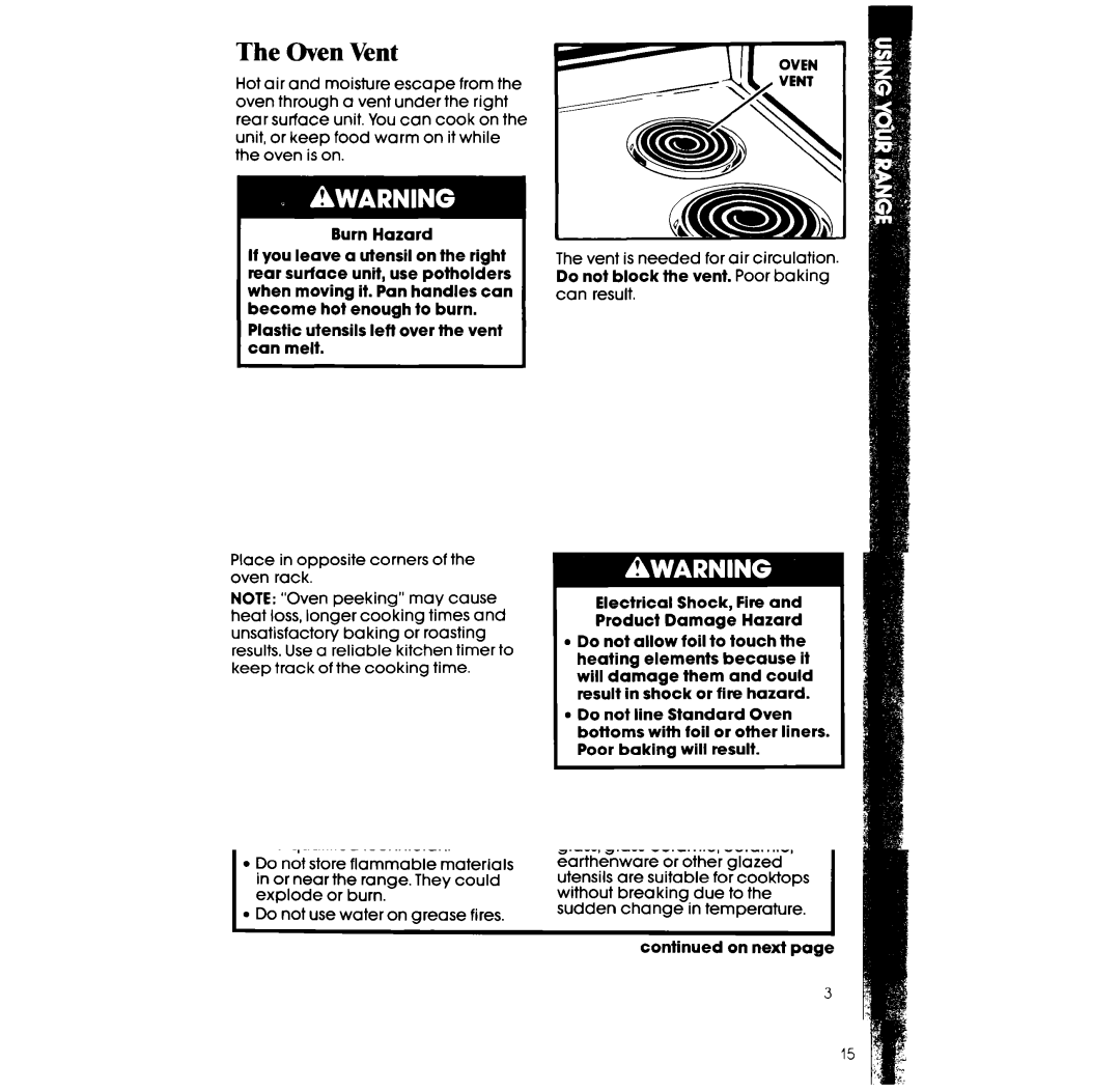 Whirlpool RF 3020XV, RF302BXV manual II Oven, Oven Vent 