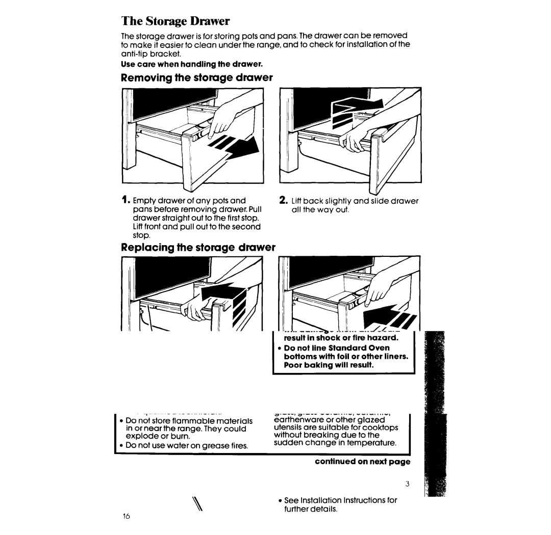 Whirlpool RF302BXV, RF 3020XV manual Storage Drawer, Removing the storage drawer, Replacing the storage drawer 