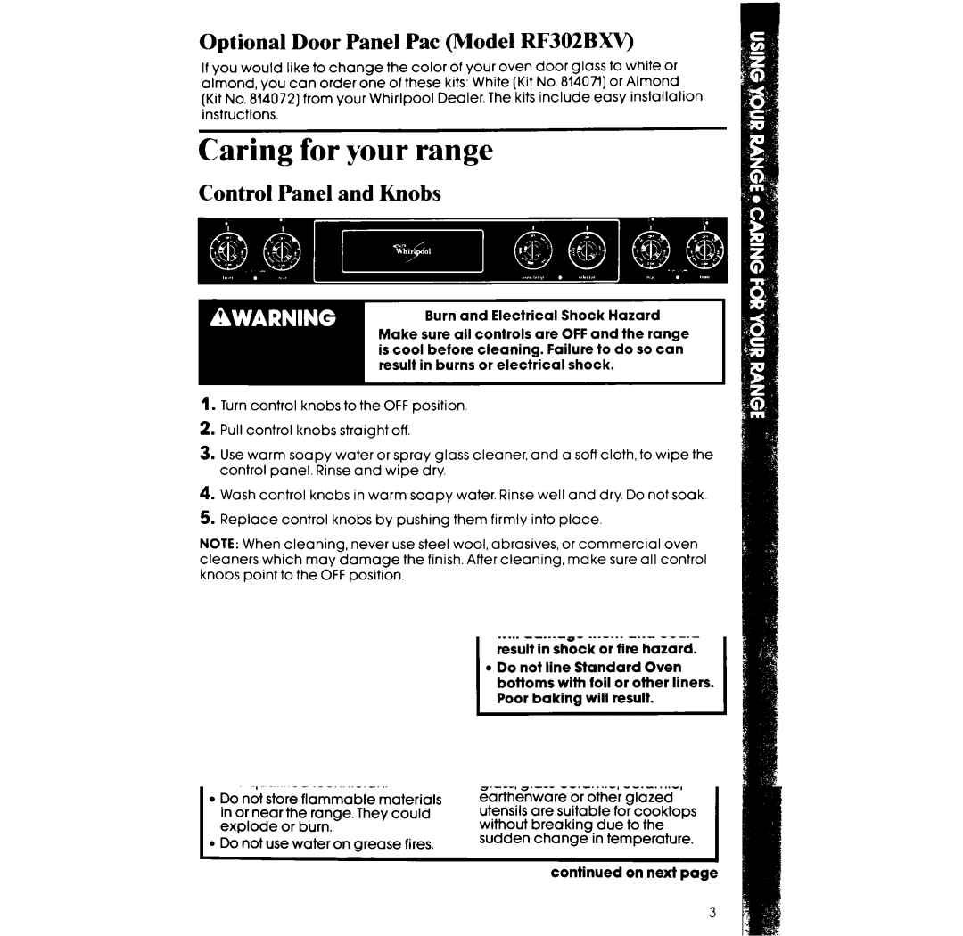 Whirlpool RF 3020XV manual Caring for your range, Optional Door Panel Pat Model RF302BXV, Control Panel and Knobs 