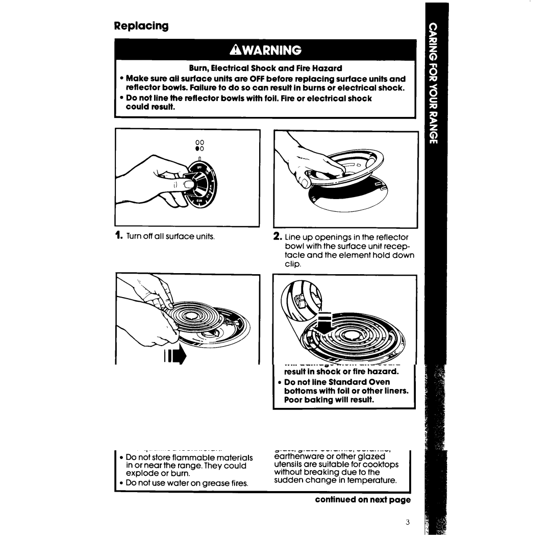 Whirlpool RF 3020XV, RF302BXV manual Replacing 