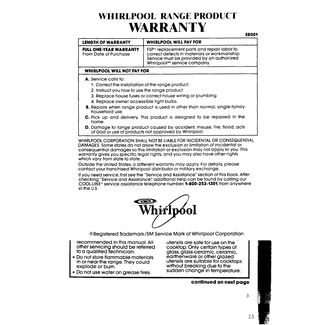 Whirlpool RF302BXV, RF 3020XV manual Warranty 