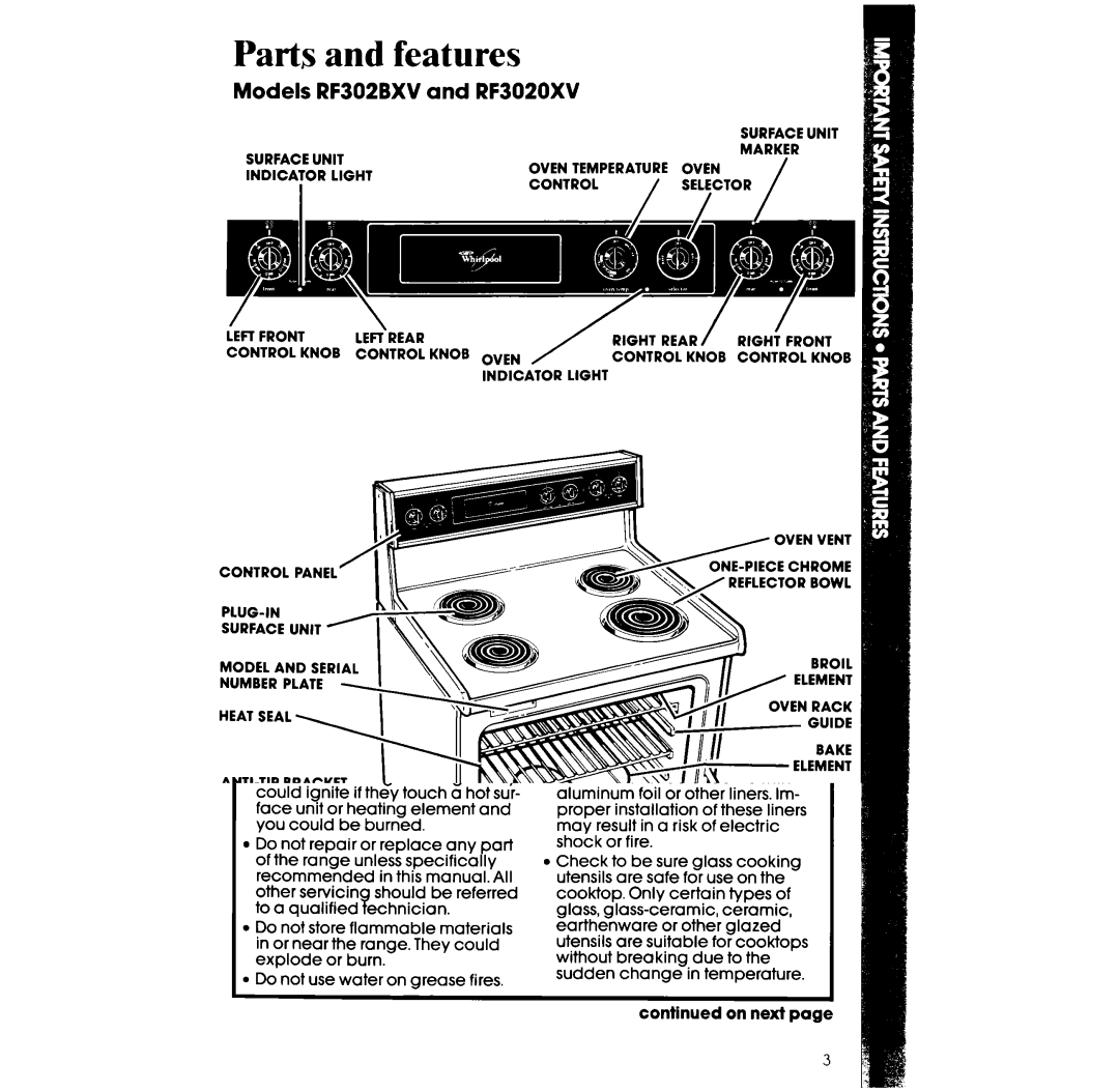 Whirlpool RF 3020XV, RF302BXV manual Features, Models, RF3020XV 