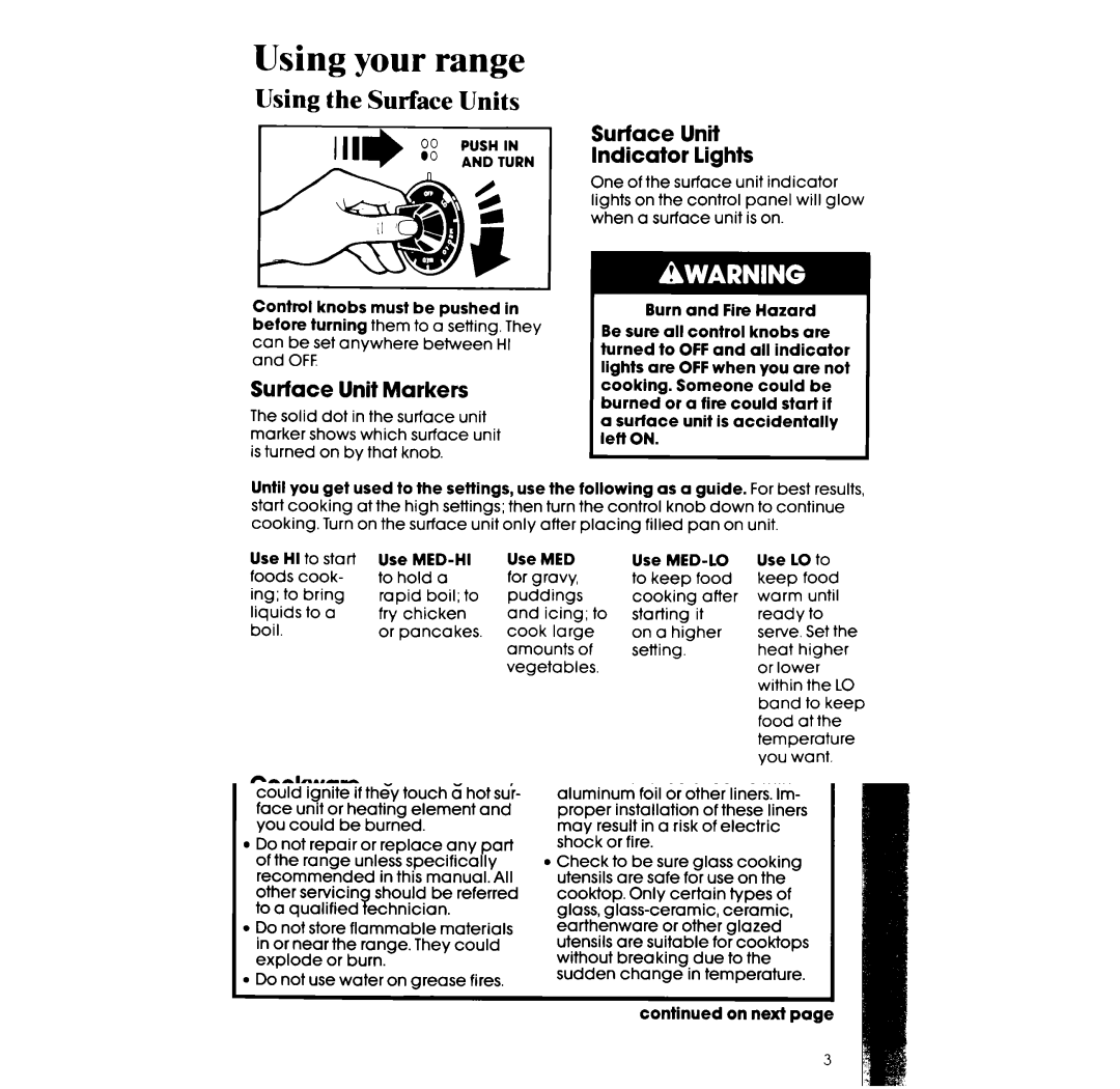 Whirlpool RF302BXV manual Using your range, Using the Surface Units, Surface Unit Indicator lights, Surface Unit Markers 