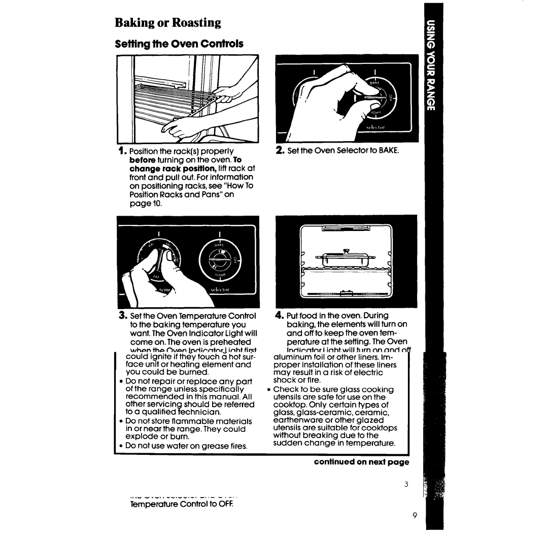 Whirlpool RF 3020XV, RF302BXV manual Baking or Roasting, Setting the Oven Controls 