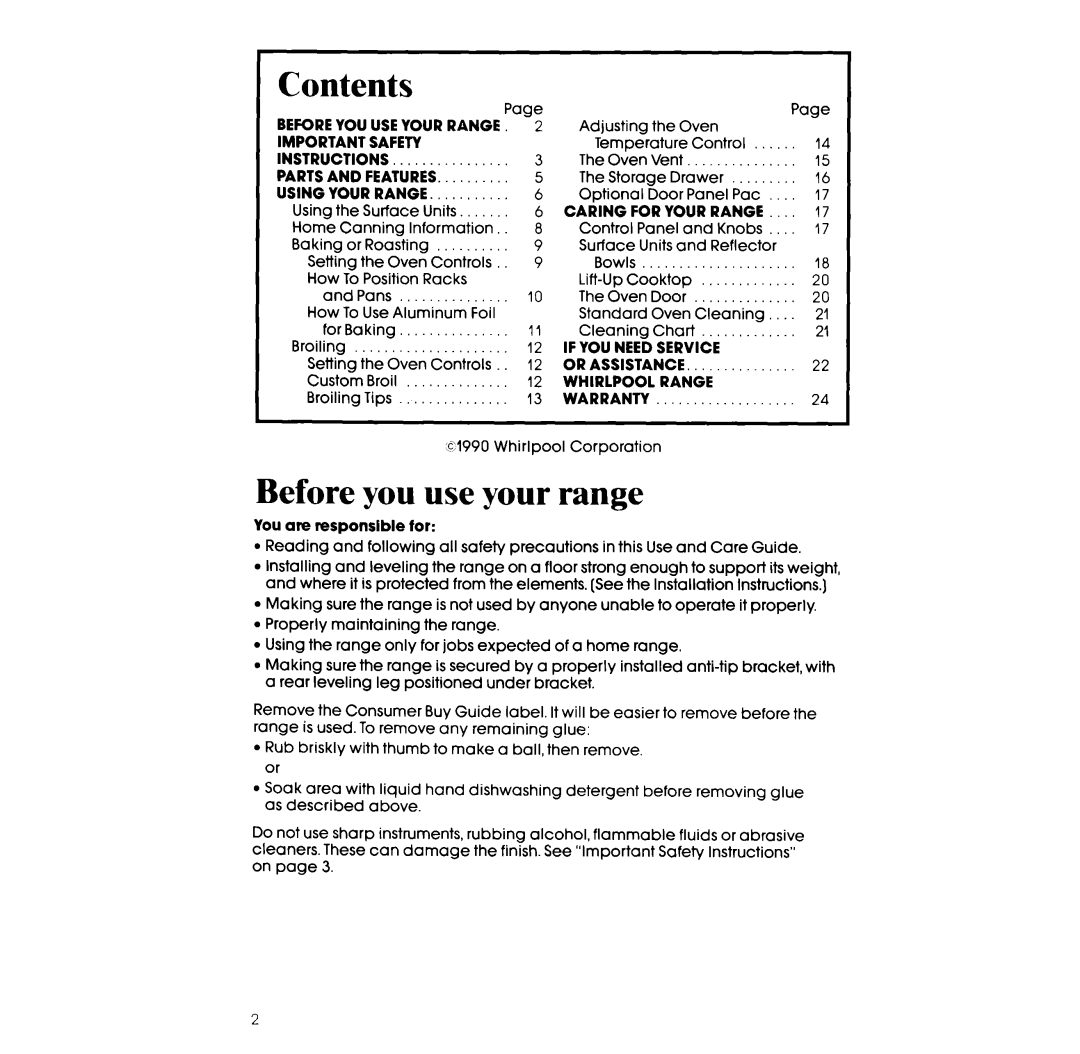 Whirlpool RF302BXV, RF 3020XV manual Contents, Before you use your range 
