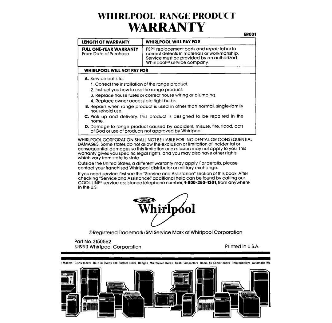 Whirlpool RF302BXV, RF 3020XV manual Whirlpool’ Range Product, Warranty 