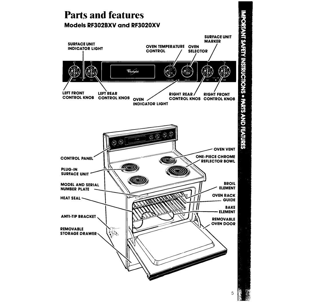 Whirlpool RF 3020XV manual and features, Models, RF302BXV, and RF3020XV, Parts 