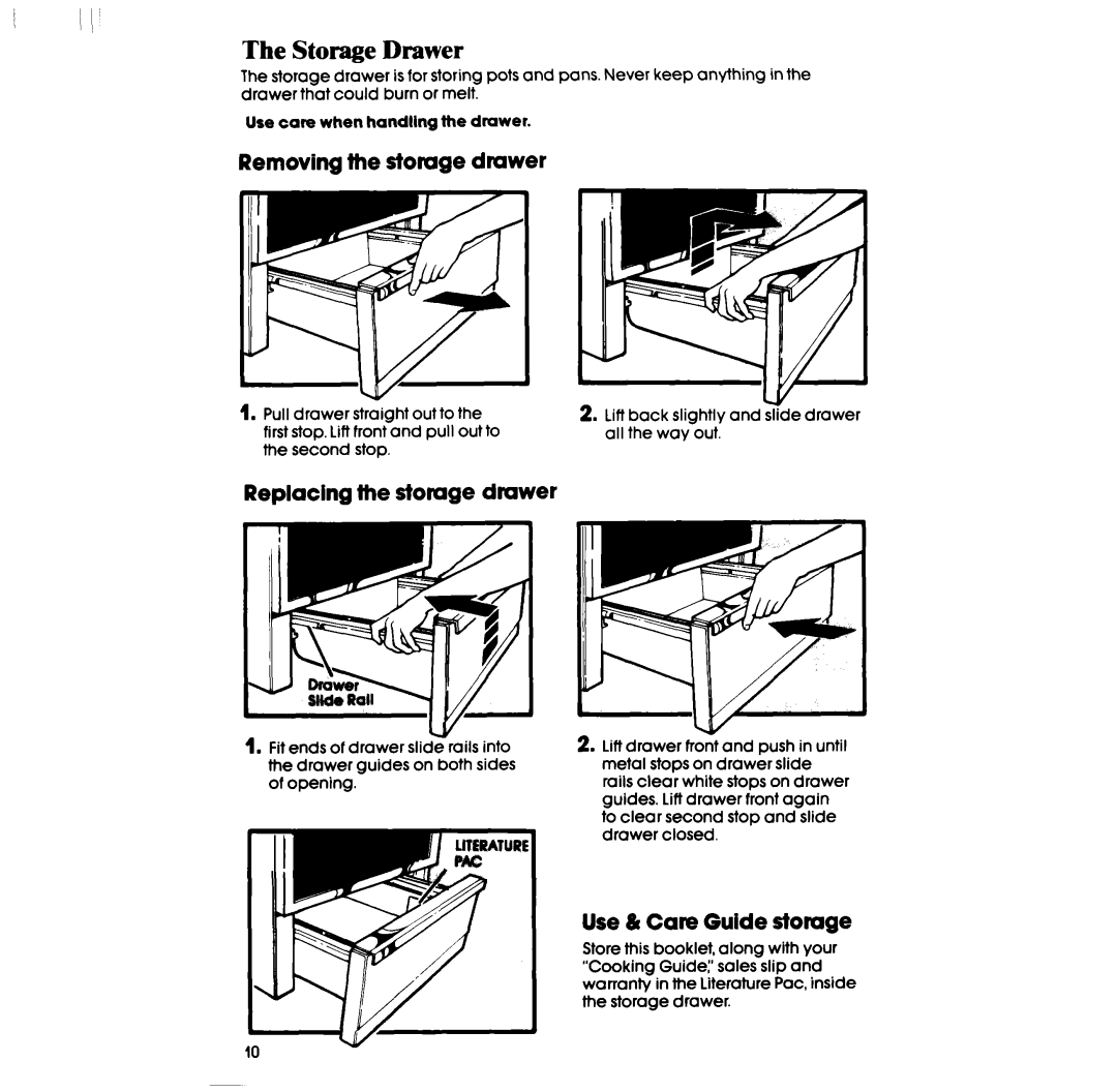 Whirlpool RF303BXP The Storage Drawer, Removing the stomge drawer, Replacing the stomge dmwer, Use & Care Guide stomge 
