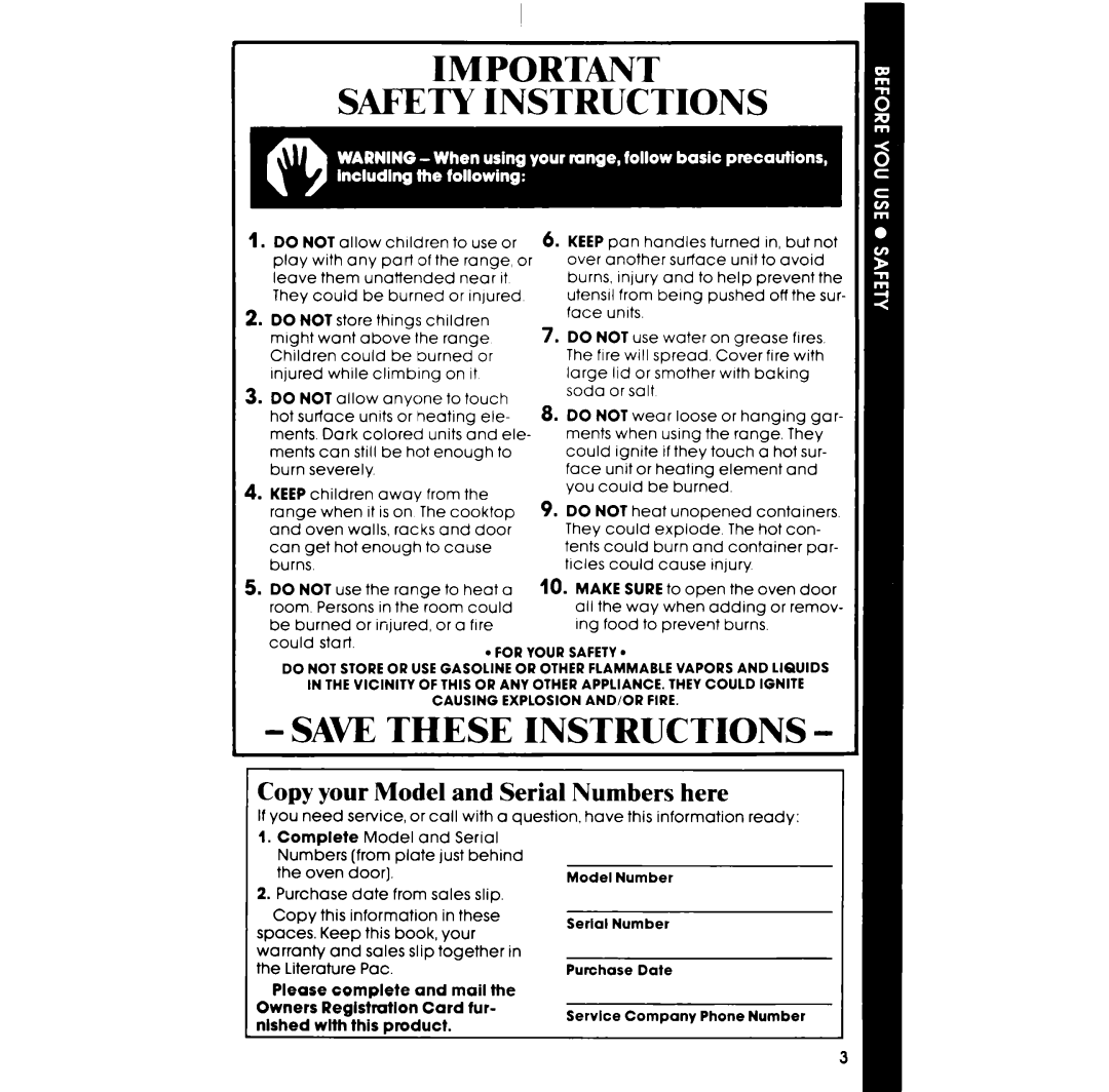 Whirlpool RF303BXP manual Safety Instructions, Saw These Instructions, Copy your Model and Serial Numbers here, Make 