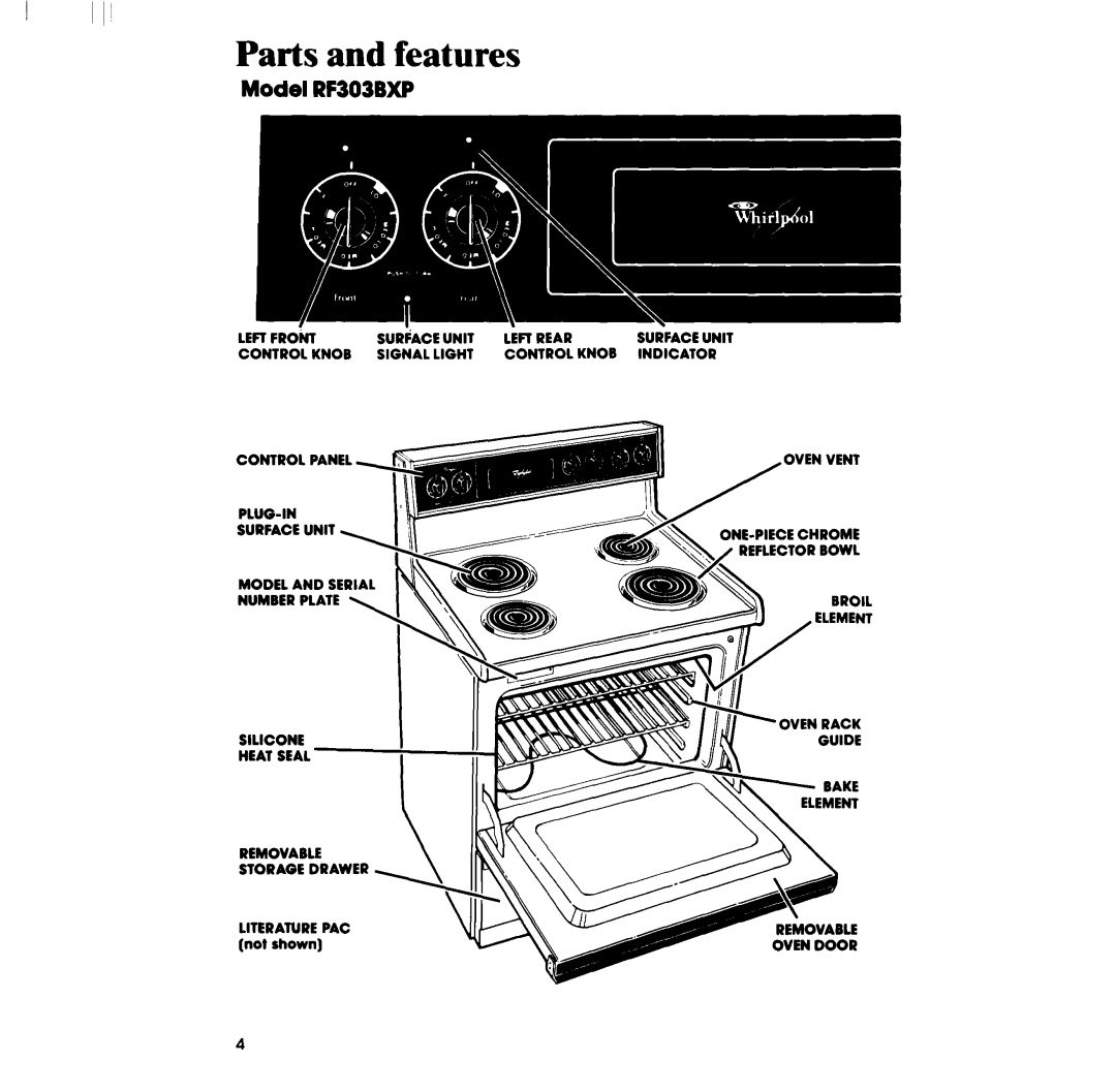Whirlpool manual Parts and features, Model RF303BXP 