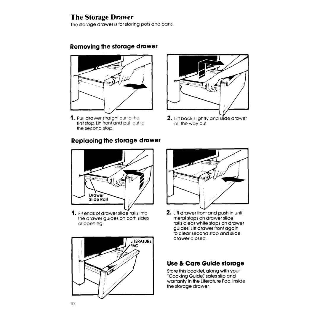 Whirlpool RF305EXP Storage Drawer, Removing the storage drawer, Replacing the storuge drawer, Use & Care Guide storuge 