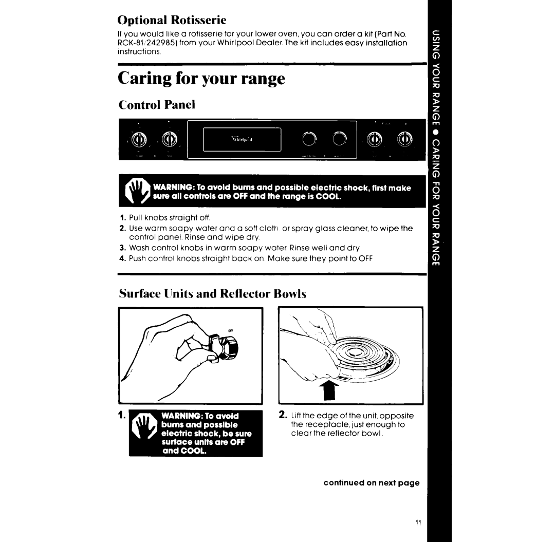 Whirlpool RF302EXP, RF305EXP manual Optional Rotisserie, Control Panel, Surface Units and Reflector Bowls, On next 