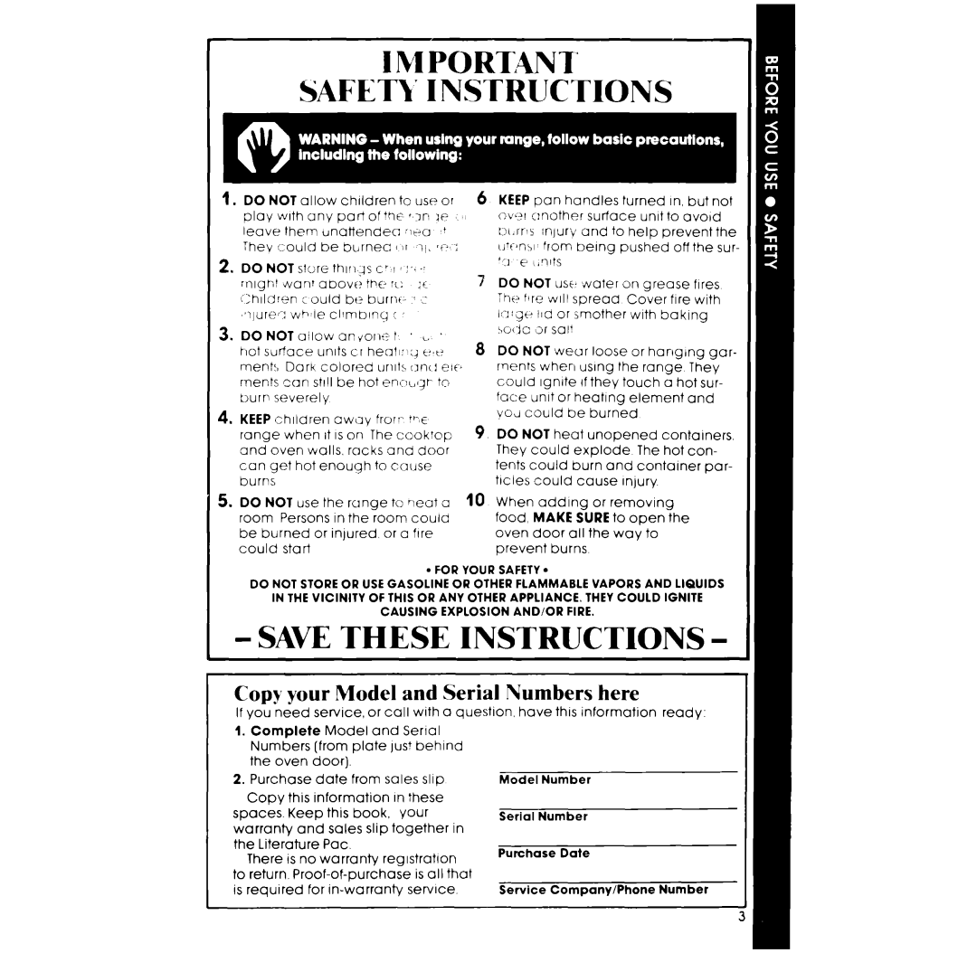 Whirlpool RF302EXP, RF305EXP manual IV1PORTANT’ Safity Instructions, Copy your Model and Serial Numbers here 