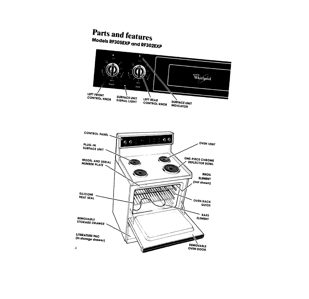 Whirlpool RF305EXP, RF302EXP manual Parts and features, Models RF305Up and RF302&~ 