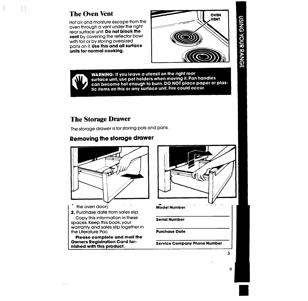 Whirlpool RF306BXP manual Oven Vent, Storage Drawer, Removing the storage drawer 