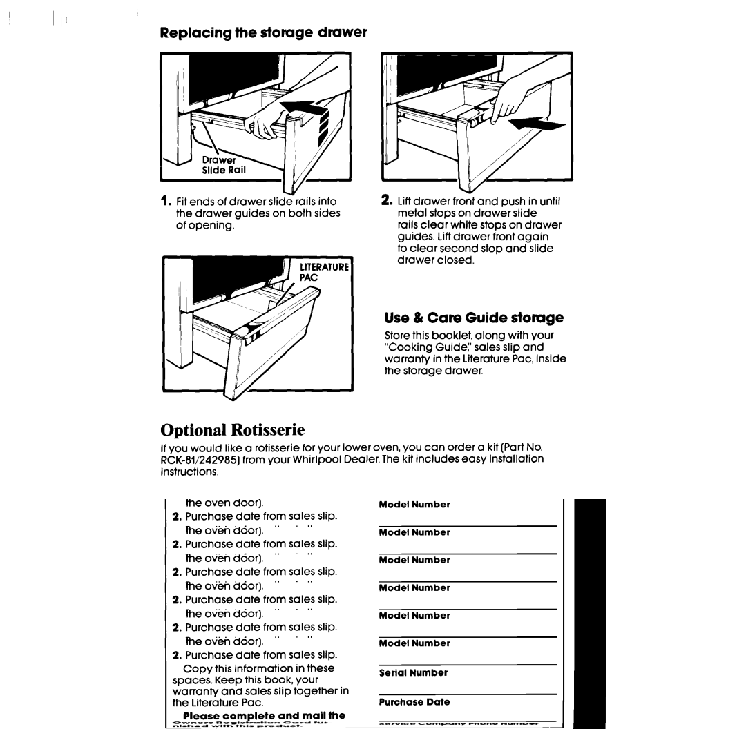 Whirlpool RF306BXP manual Optional Rotisserie, Replacing the storage drawer, Use & Care Guide storage 