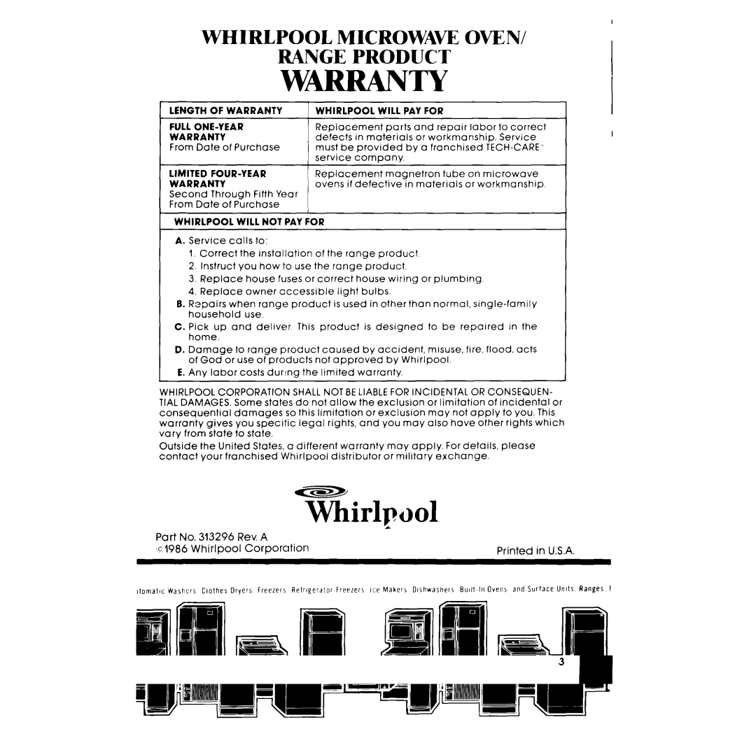 Whirlpool RF306BXP manual Vvarranty 