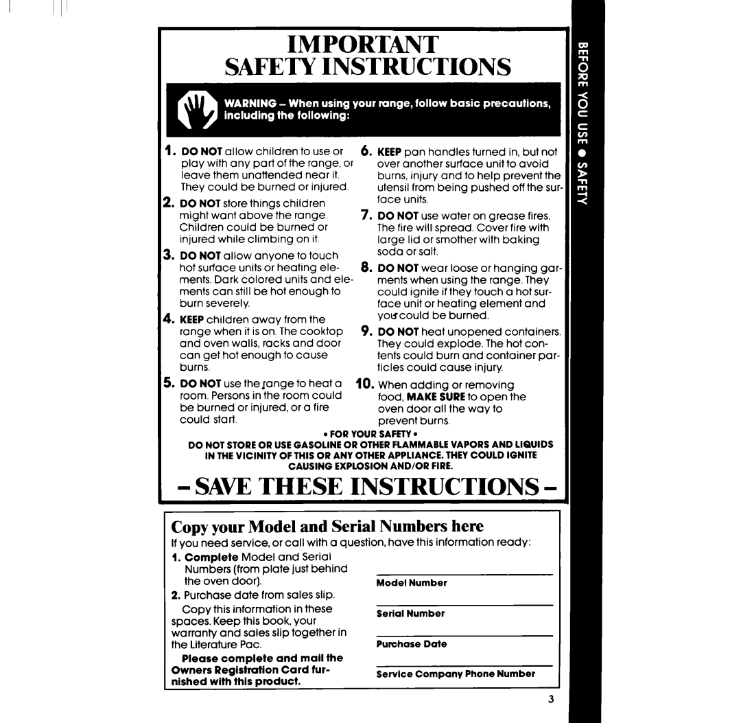 Whirlpool RF306BXP manual Safety Instructions, Copy your Model and Serial Numbers here 