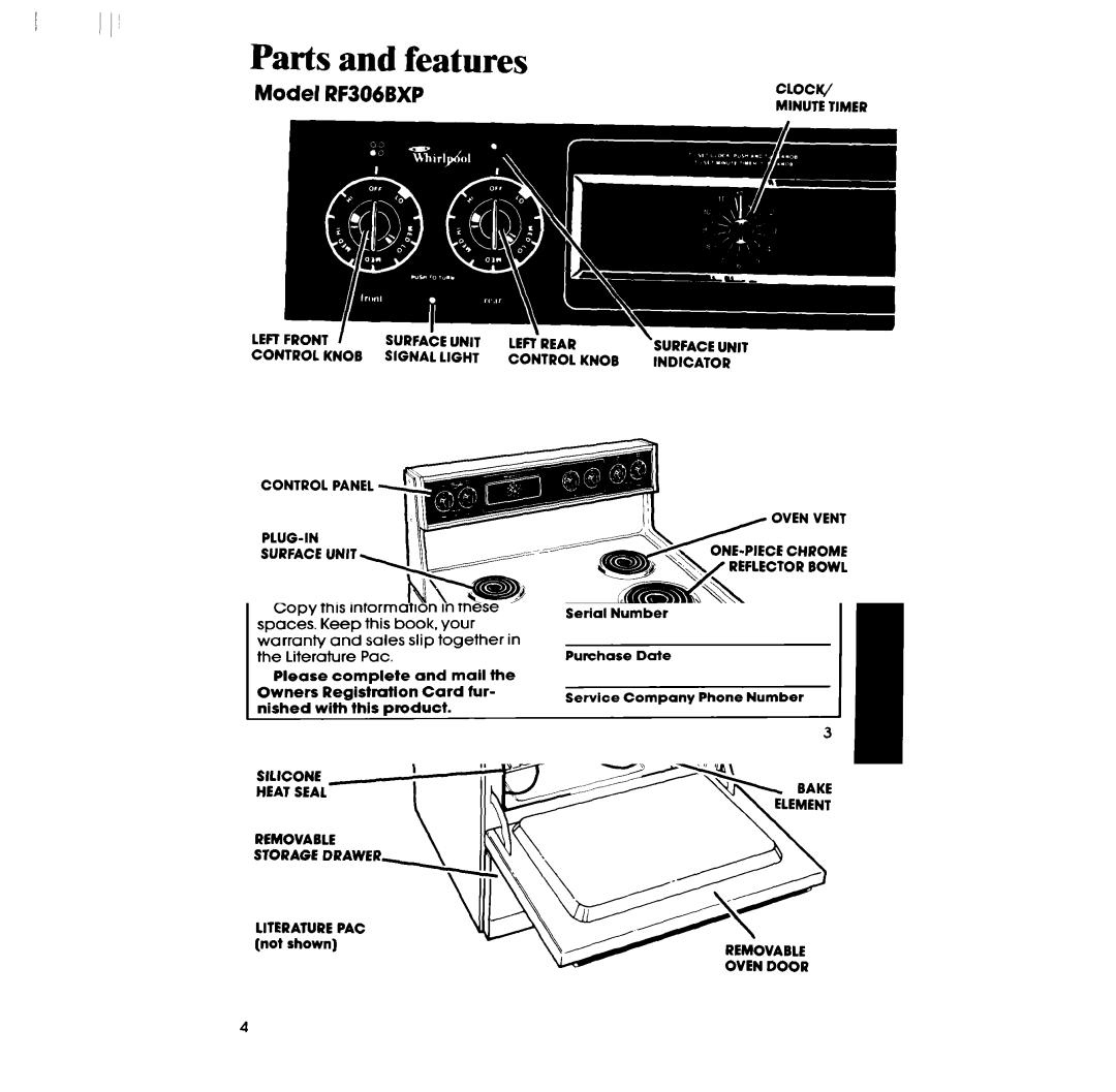 Whirlpool manual Parts and features, Model RF306BXP 