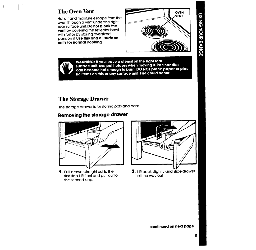 Whirlpool RF306BXP manual The Oven Vent, The Storage Drawer, Removing the storage drawer 