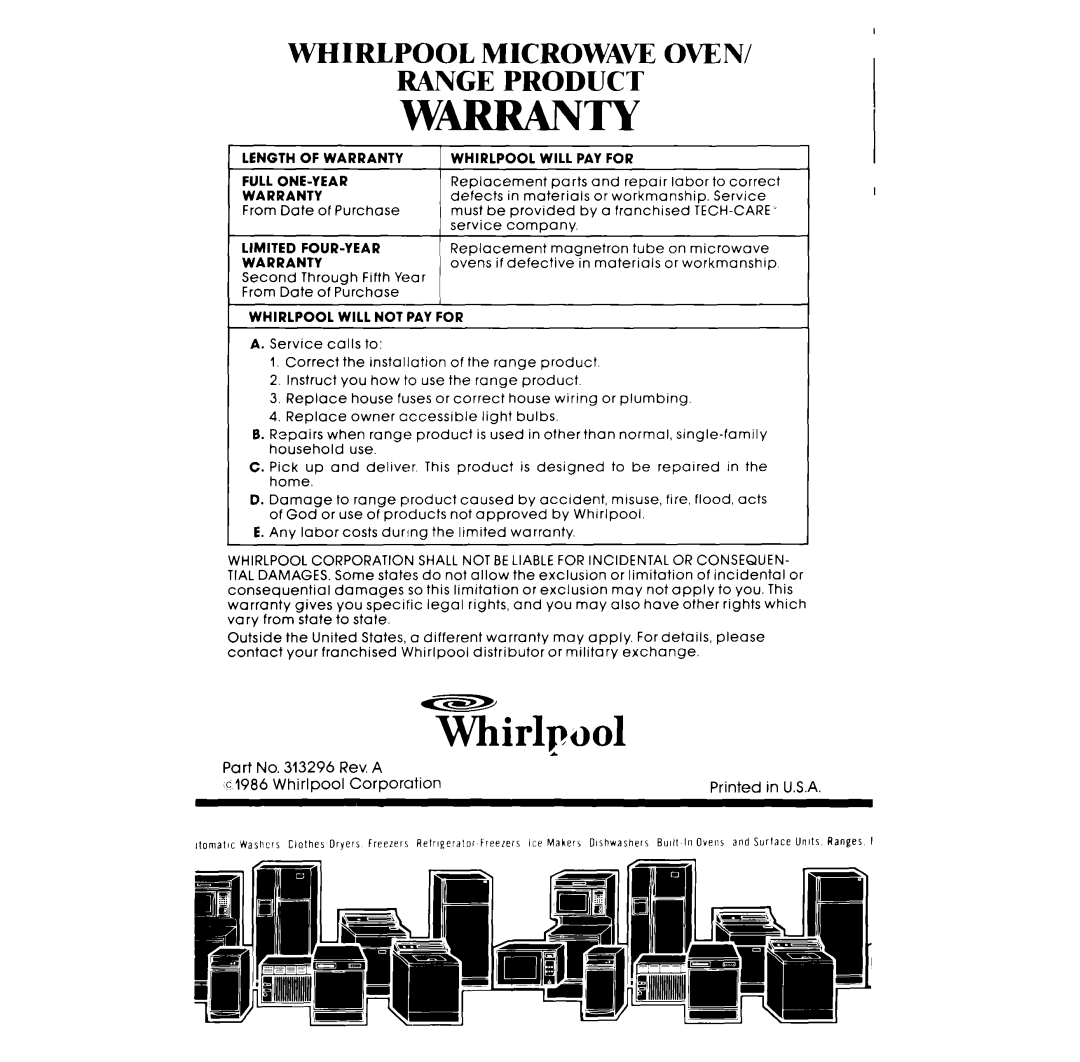 Whirlpool RF306BXP manual Oven, Vvarranty, Whirlpool, Microwave, Range Product 