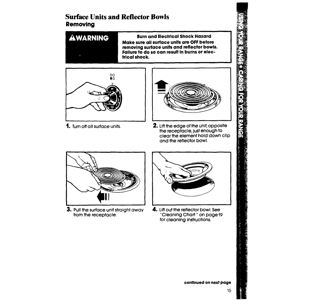 Whirlpool RF306BXV manual Surface Units and Reflector Bowls, Removing 