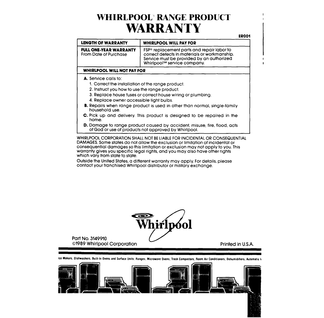 Whirlpool RF306BXV manual Warranty 