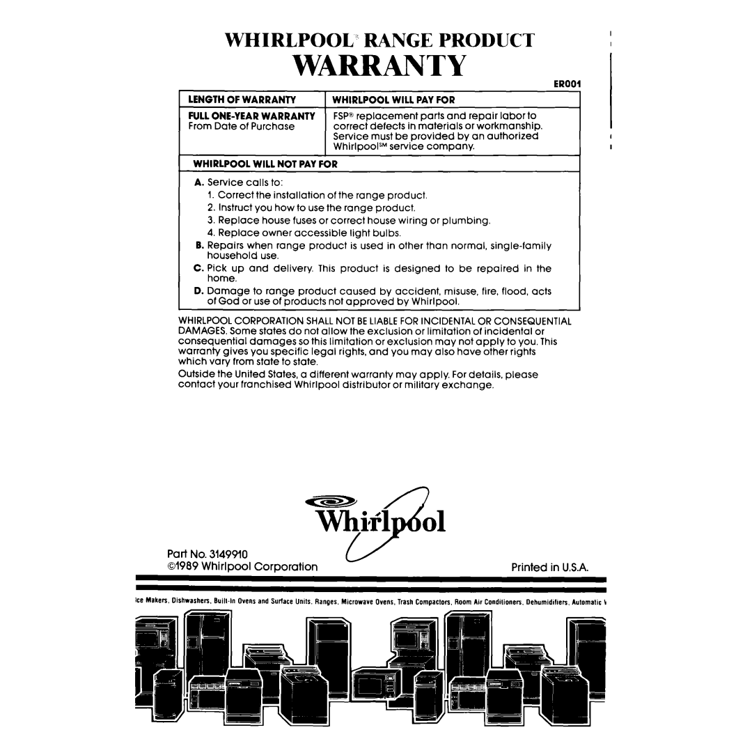 Whirlpool RF306BXV manual Warranty, Whirlpool” Range Product 