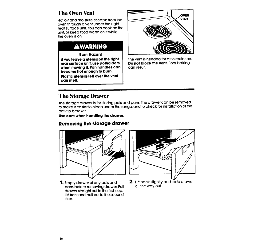 Whirlpool RF3105XX, RF310PXX manual Oven Vent, Storage Drawer, Removing the storage drawer 