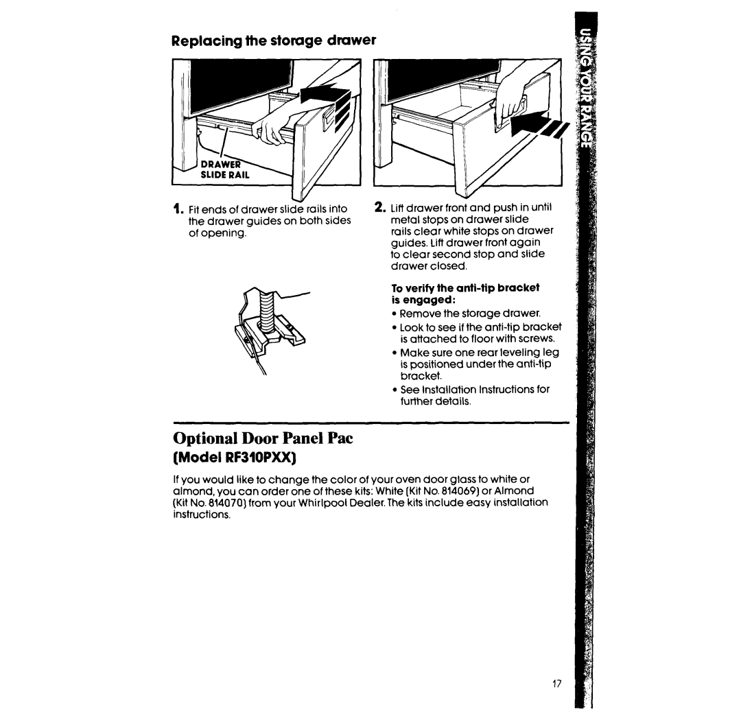 Whirlpool RF3105XX manual Optional Door Panel Pat, Replacing the storuge drawer, Model RF310PXX 