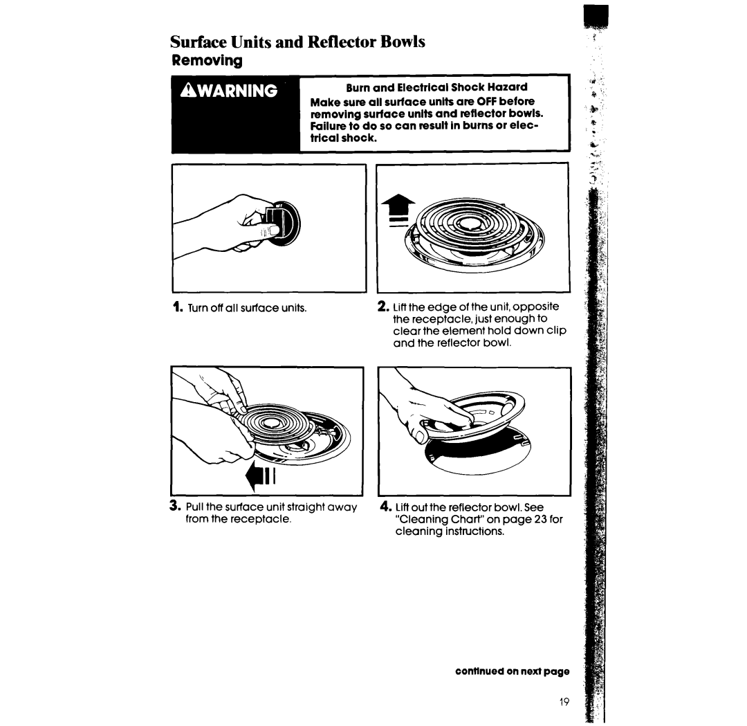 Whirlpool RF310PXX, RF3105XX manual Surface Units and Reflector Bowls, Removing 