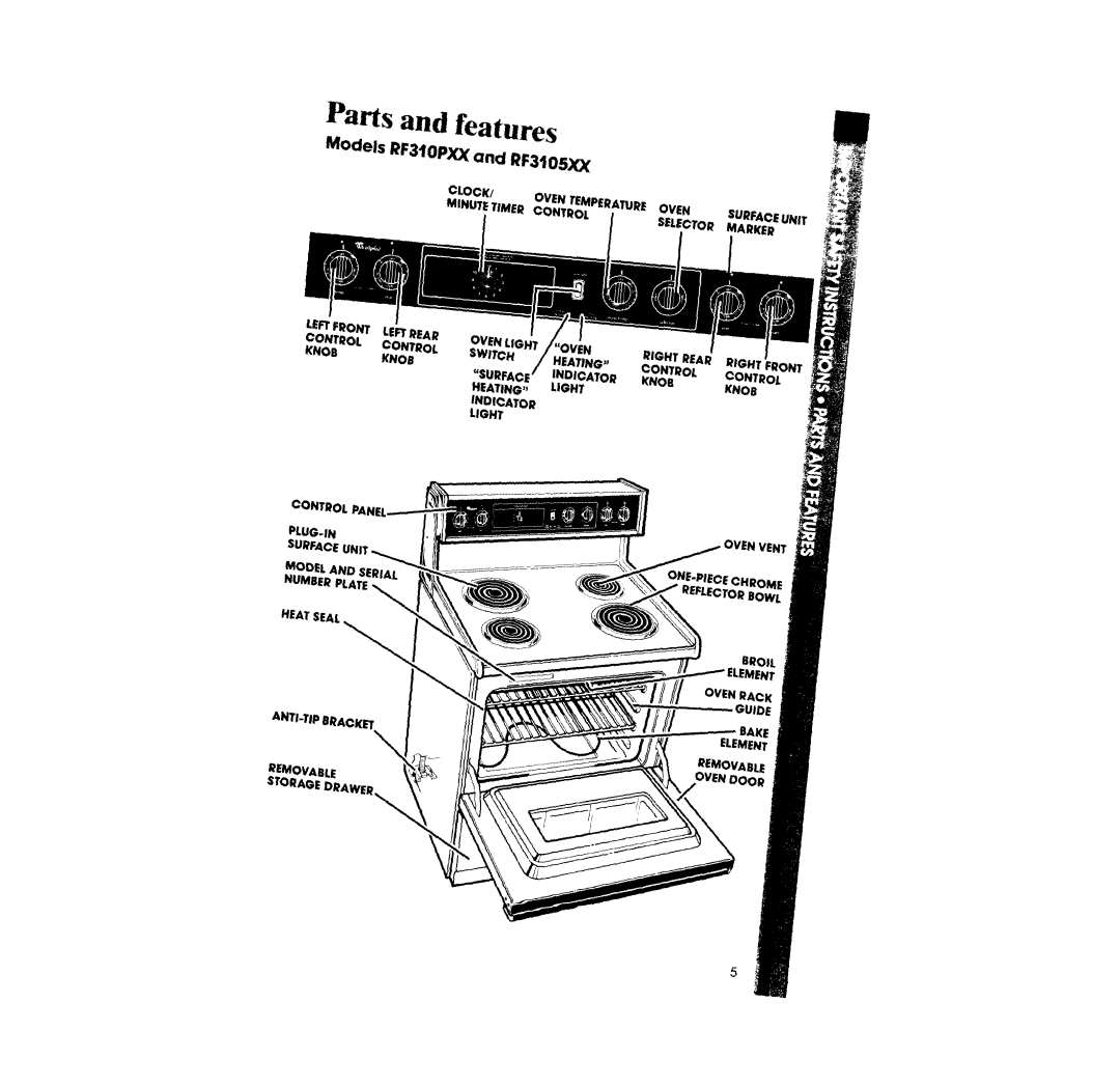 Whirlpool RF310PXX, RF3105XX manual Parts and features, MOWSRF34Wxx and RF3105~ 