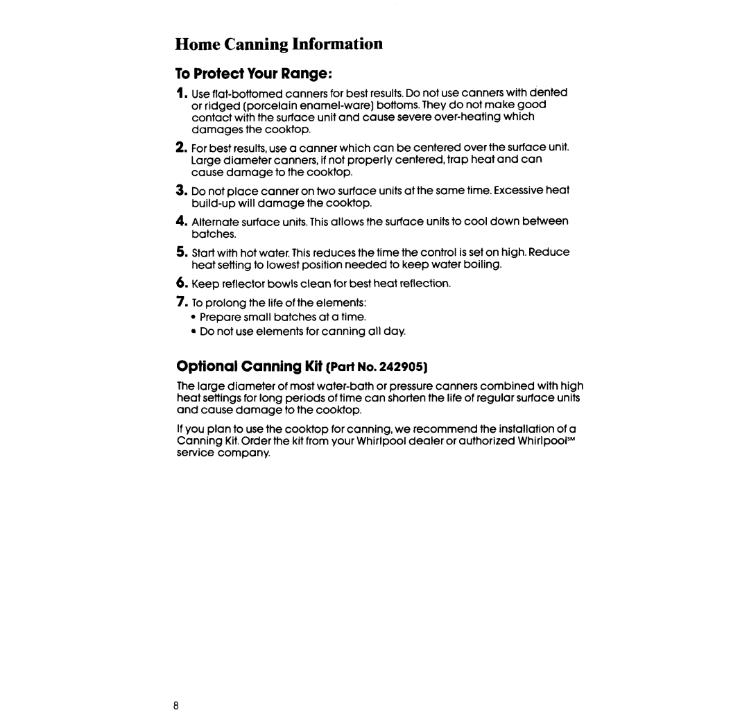 Whirlpool RF3105XX, RF310PXX manual Home Canning Information, To Protect Your Range 