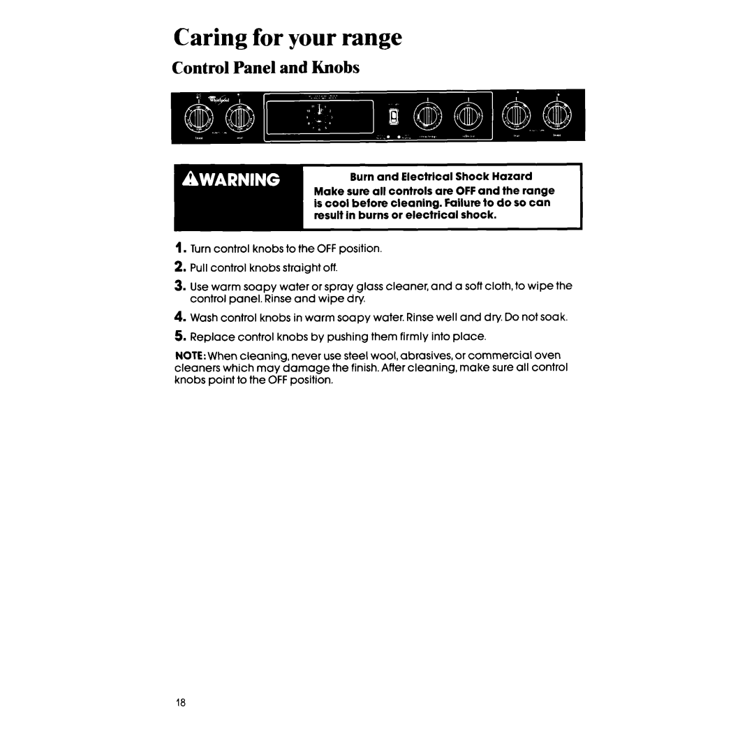 Whirlpool RF3105XX, RF310PXX manual Caring for your range, Control Panel and Knobs 