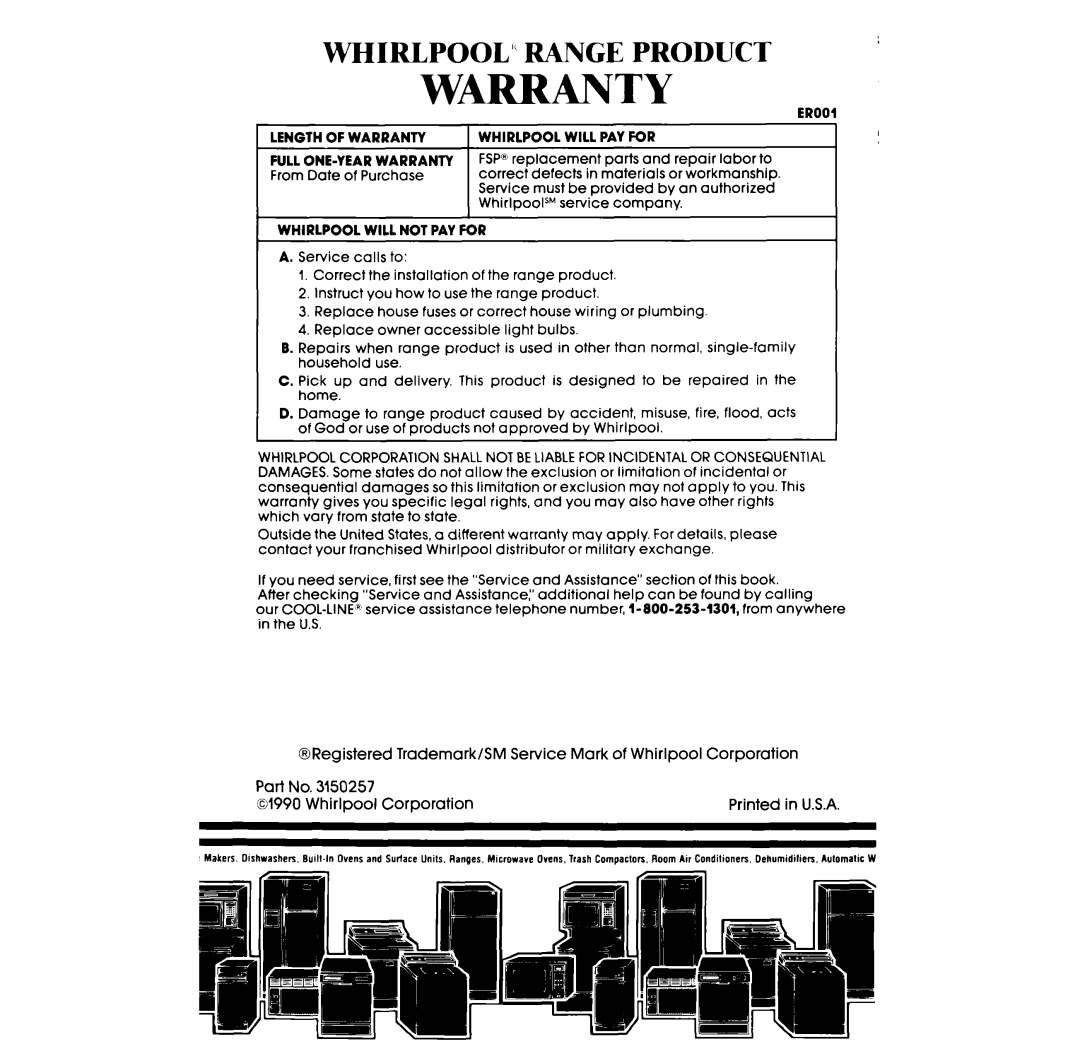 Whirlpool RF3105XX, RF310PXX manual Whirlpool” Range Product, Warranty 