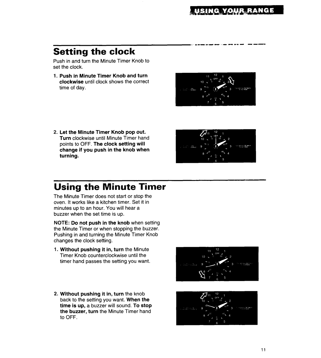 Whirlpool RF310BXY important safety instructions Setting the clock, Using the Minute Timer 