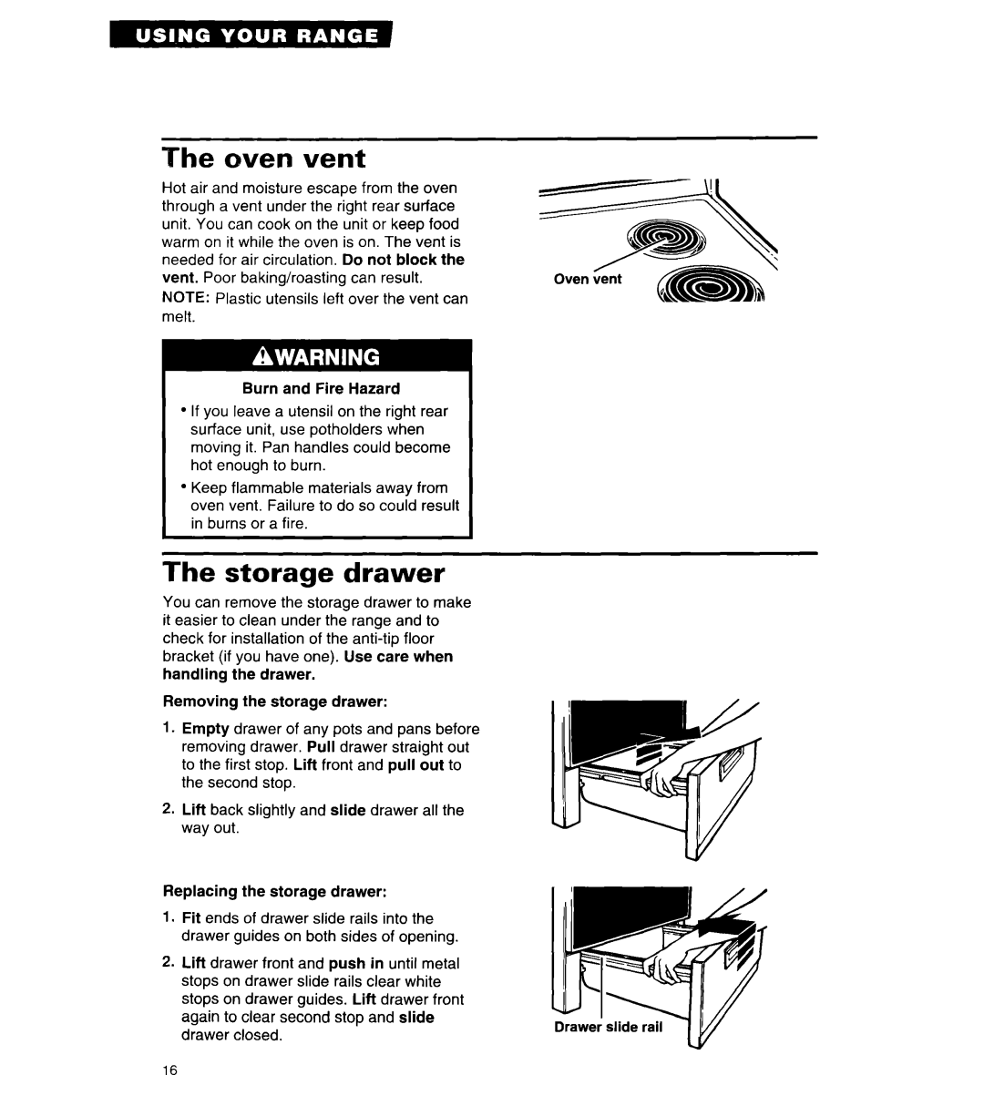 Whirlpool RF310BXY important safety instructions Oven vent, Storage drawer 