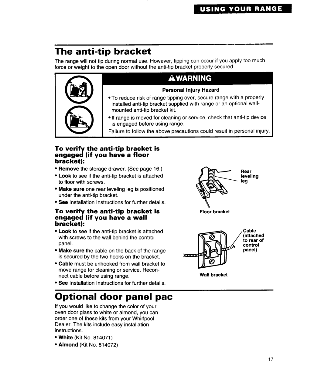 Whirlpool RF310BXY important safety instructions Anti-tip bracket, Optional door panel pat 