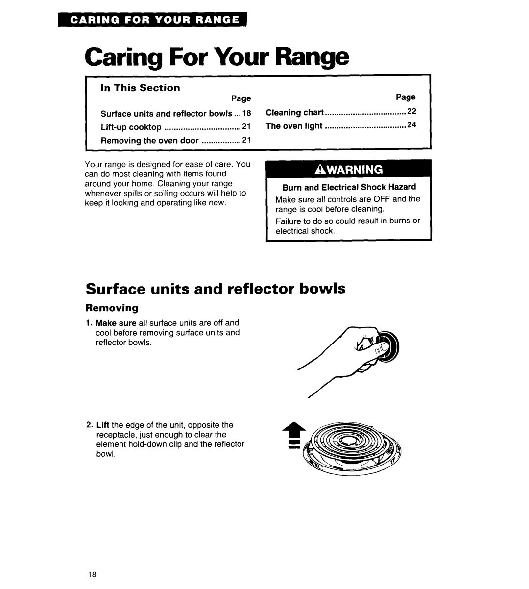 Whirlpool RF310BXY important safety instructions Caring For Your Range, Surface units and reflector bowls, Removing 