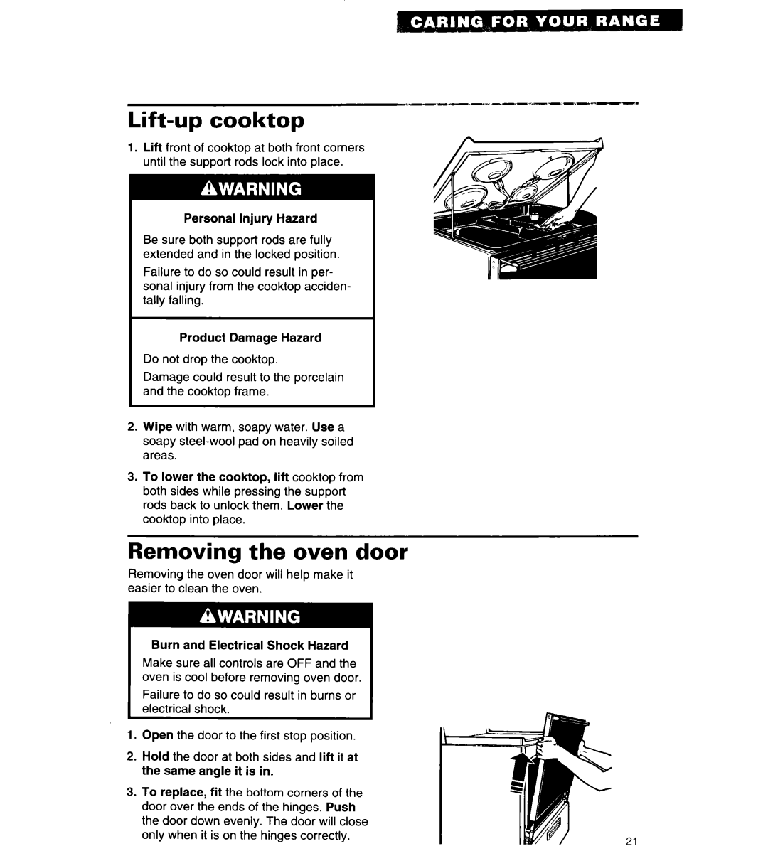 Whirlpool RF310BXY important safety instructions Lift-up cooktop, Removing the oven door 