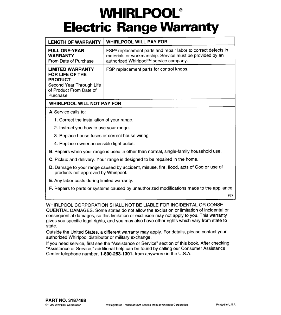 Whirlpool RF310BXY important safety instructions Electric Range Warranty 