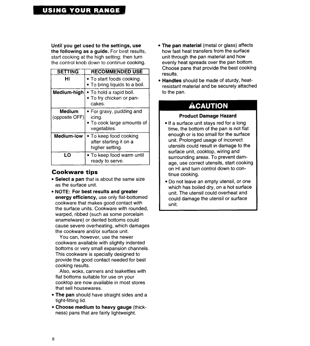 Whirlpool RF310BXY important safety instructions Cookware tips, Recommended 