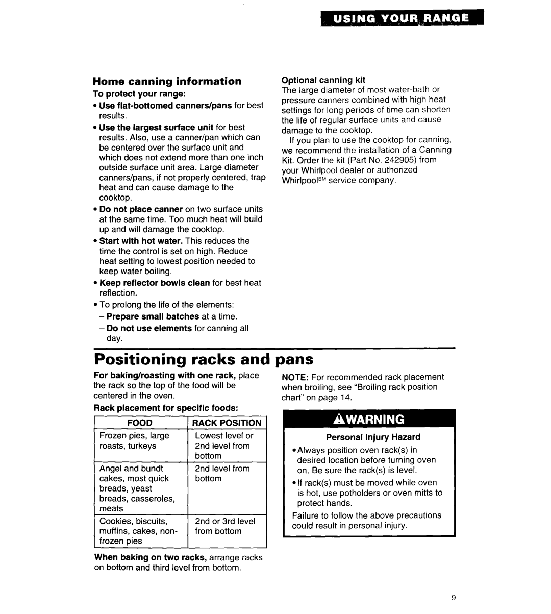 Whirlpool RF310BXY important safety instructions Positioning racks, Pans, Home canning information, Food Rack Position 